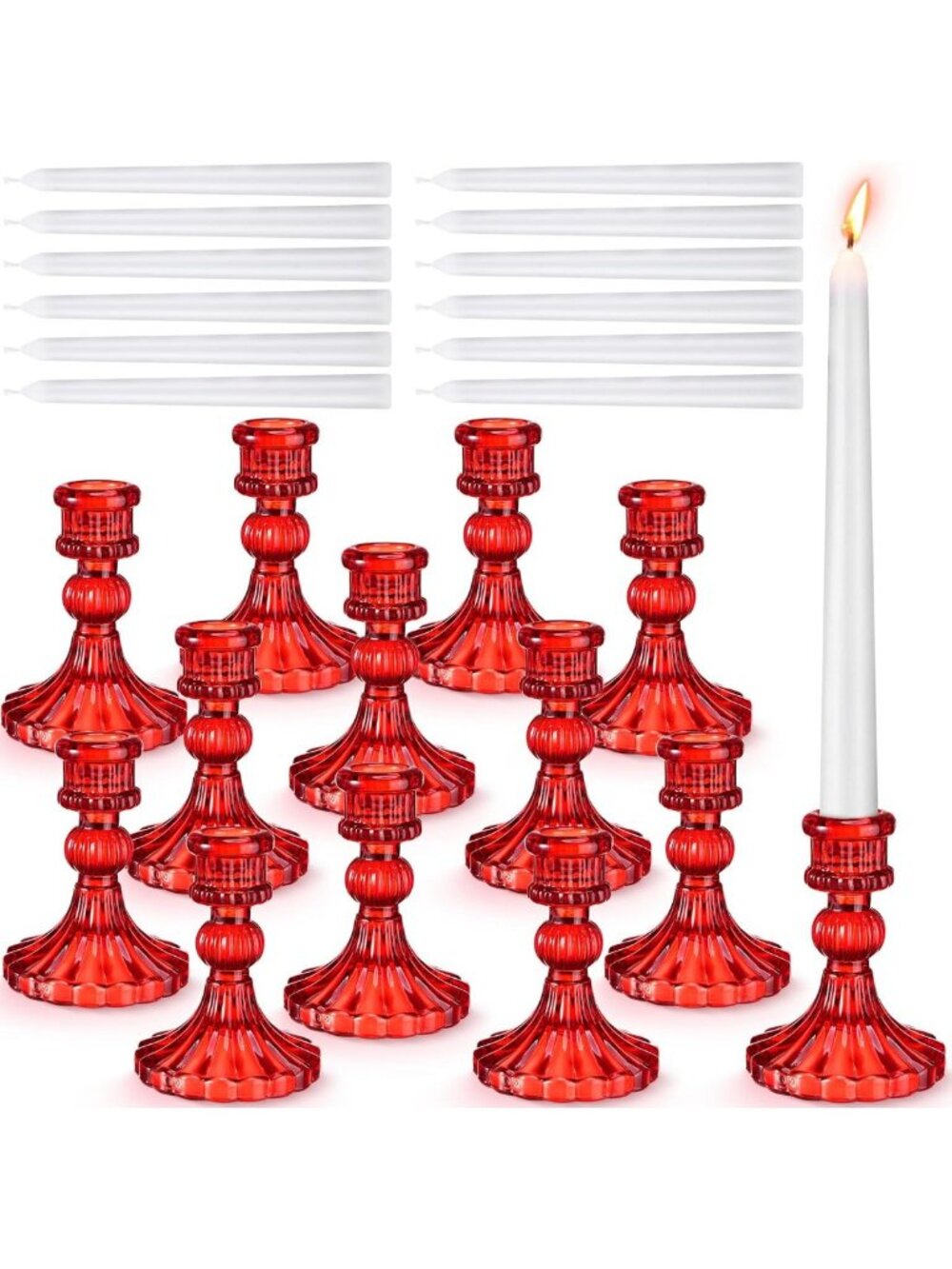 Elegant 24-Piece Glass Candle Holder Set with 12 White & Red Candles - Home